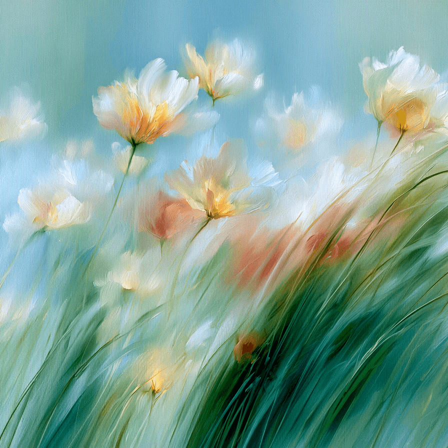 Abstract oil painting of white wildflowers in a soft meadow
