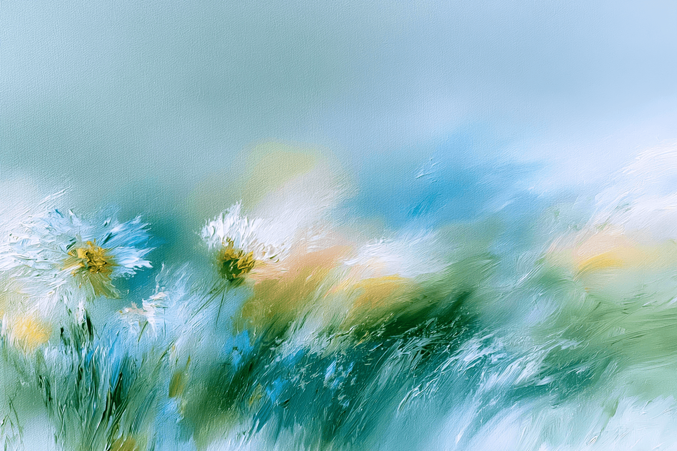Abstract floral painting in soft blue and cream tones