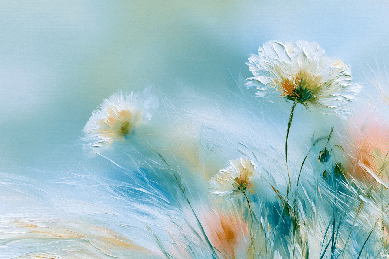 Abstract painting of white flowers in a pastel meadow