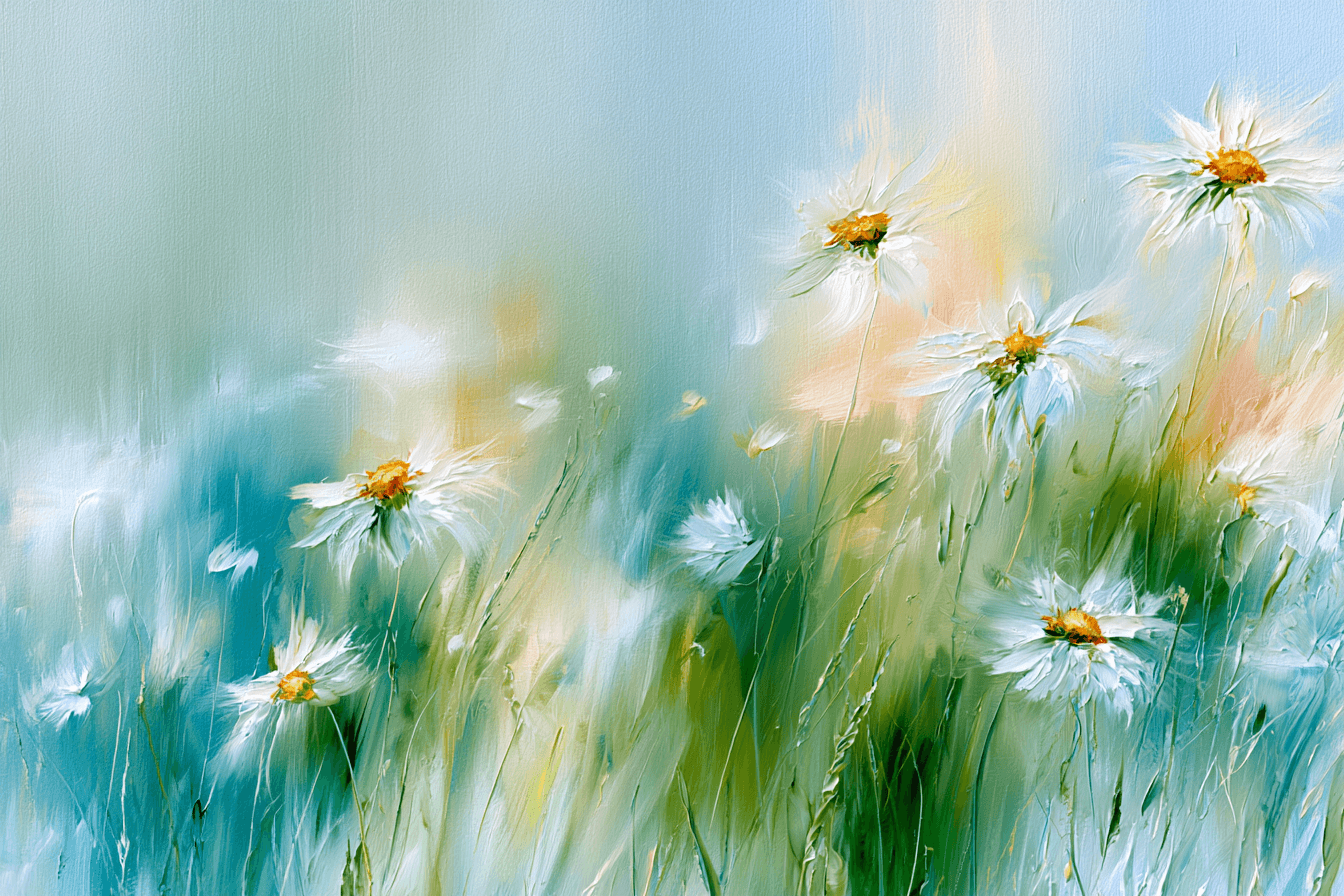 Painting of white daisies in a pastel meadow