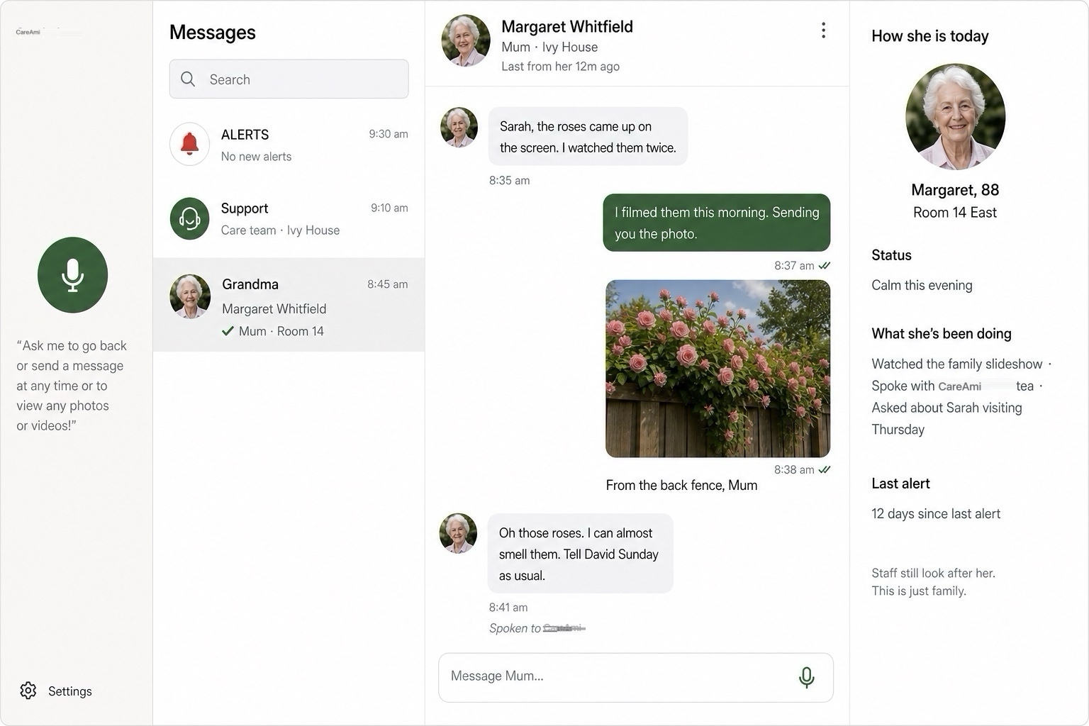 CareAmi family app — message Grandma, photos, and how she is today