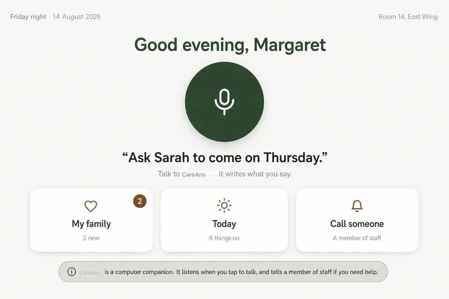 CareAmi resident kiosk — talk to CareAmi with the microphone always on screen