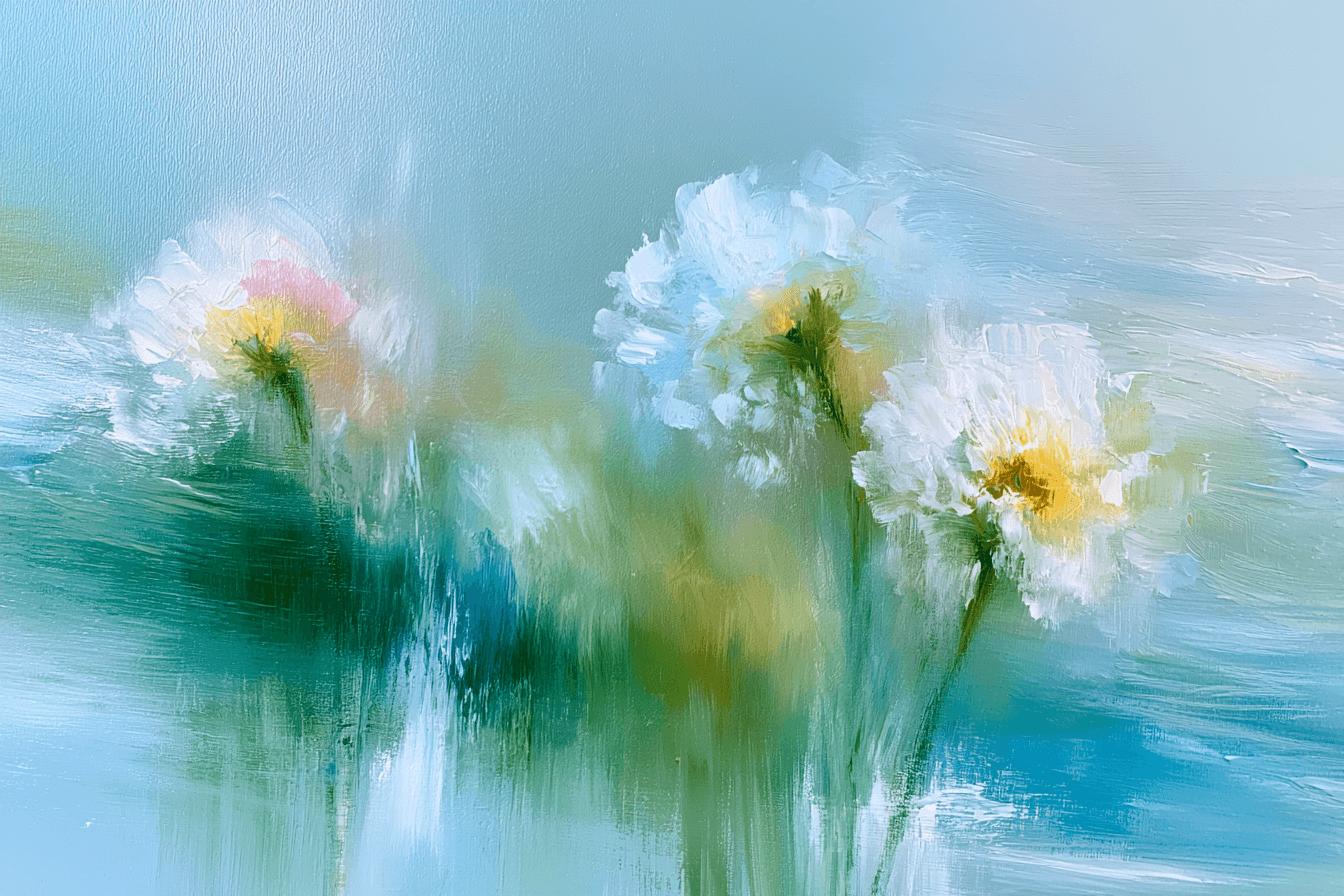 Abstract painting of white flowers on a blue background
