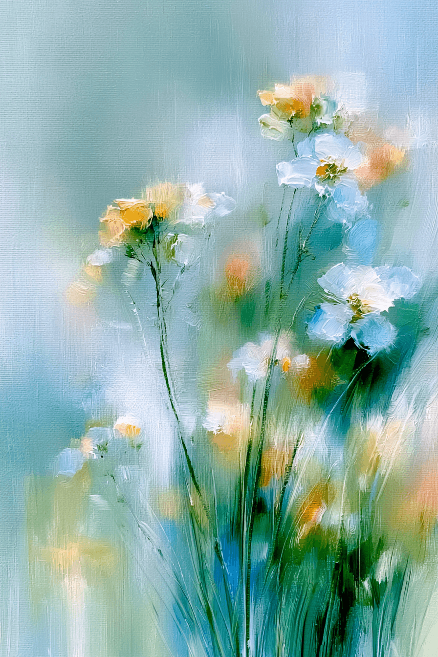 Abstract watercolor painting of pastel wildflowers in a meadow